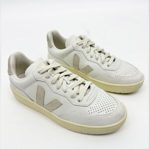 Veja V-90 Leather Sneakers White Beige Suede Logo Women’s Size 6